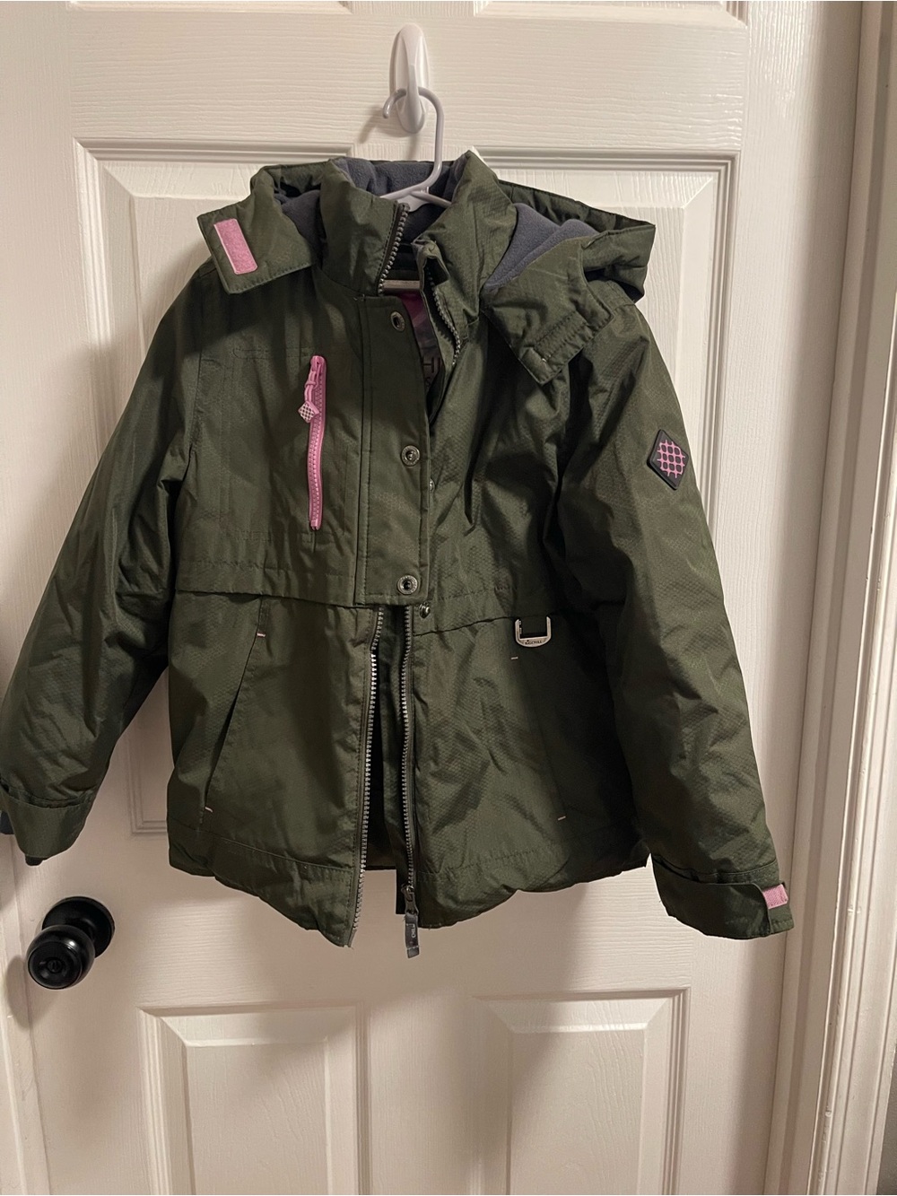 Big Chill Olive Green Hooded Puffer Jacket with Pink Trim